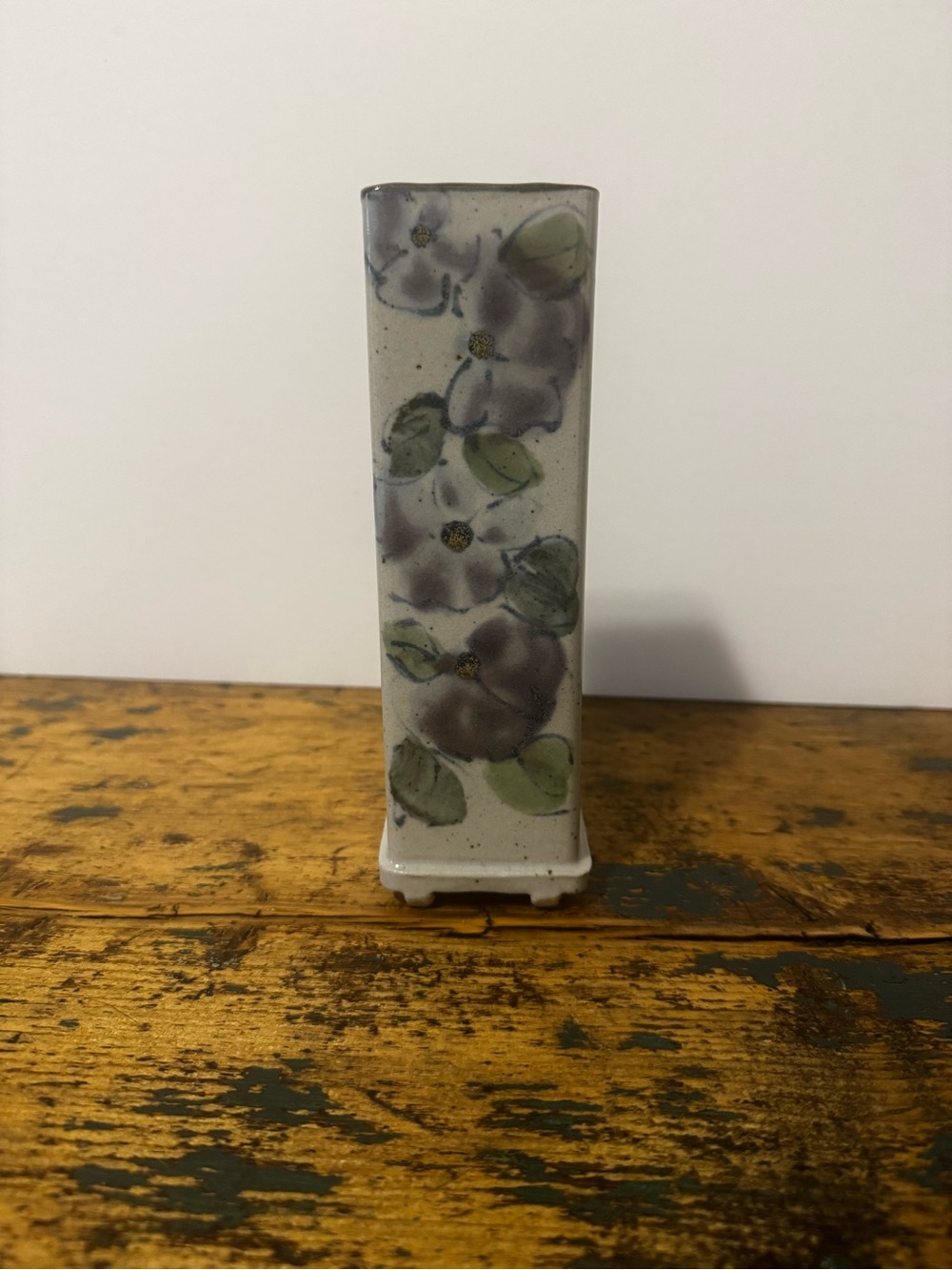 Hand-Painted Floral Ceramic Bud Vase in Cream and Purple